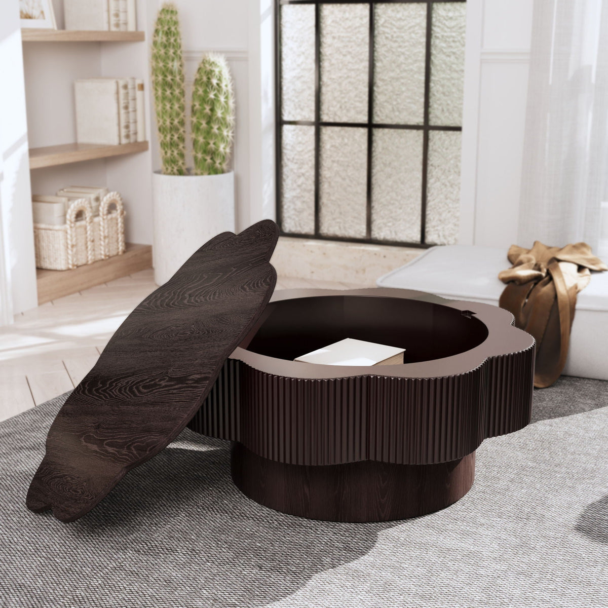 Modern plum blossom coffee table with hidden storage in dark brown, ribbed circular base on Tampa Home & Garden Store