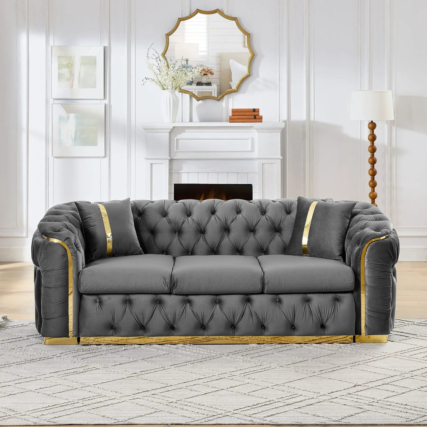 Button Tufted Chesterfield Sofa With 2 Pillows
