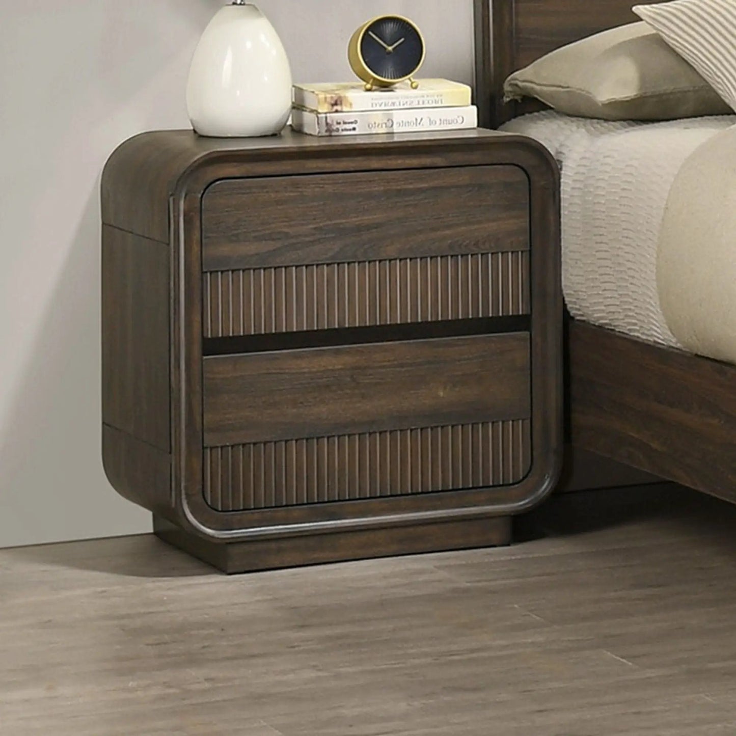 Flair Rounded Edges Nightstand brown wood with 2 drawers and rounded corners; vase and clock on Tampa Home & Garden Store