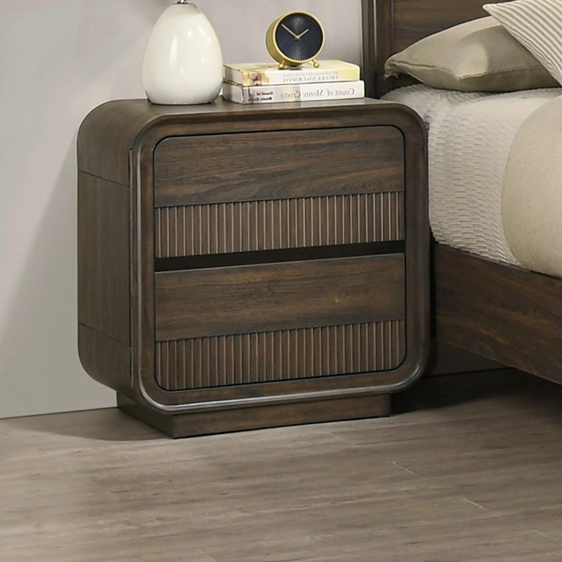 Flair Rounded Edges Nightstand brown wood with 2 drawers and rounded corners; vase and clock on Tampa Home & Garden Store