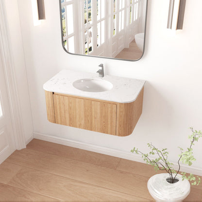 Wall mounted bathroom vanity with sink in natural wood and marble countertop HouseOfZazla on Tampa Home & Garden Store