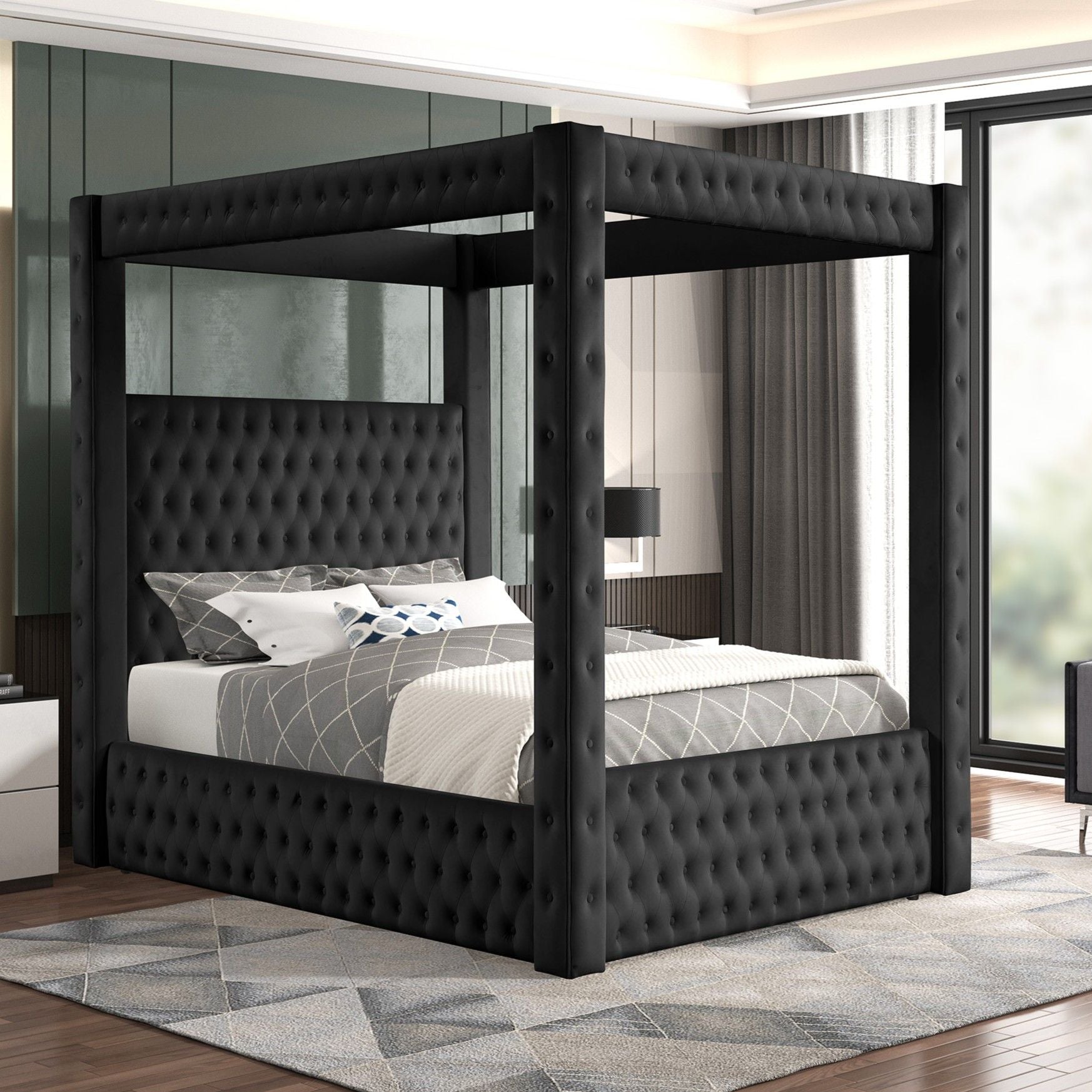 Modern 4 poster bed in black with tufted headboard and footboard in a stylish bedroom on Tampa Home & Garden Store