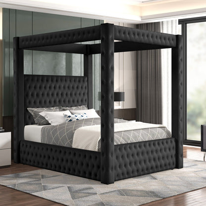 Modern 4 poster bed in black with tufted headboard and footboard in a stylish bedroom on Tampa Home & Garden Store