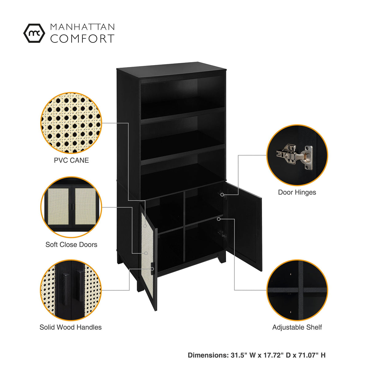 Sheridan Bookcase Cabinet with PVC cane, 7 shelves, black finish by HouseOfZazla on Tampa Home & Garden Store