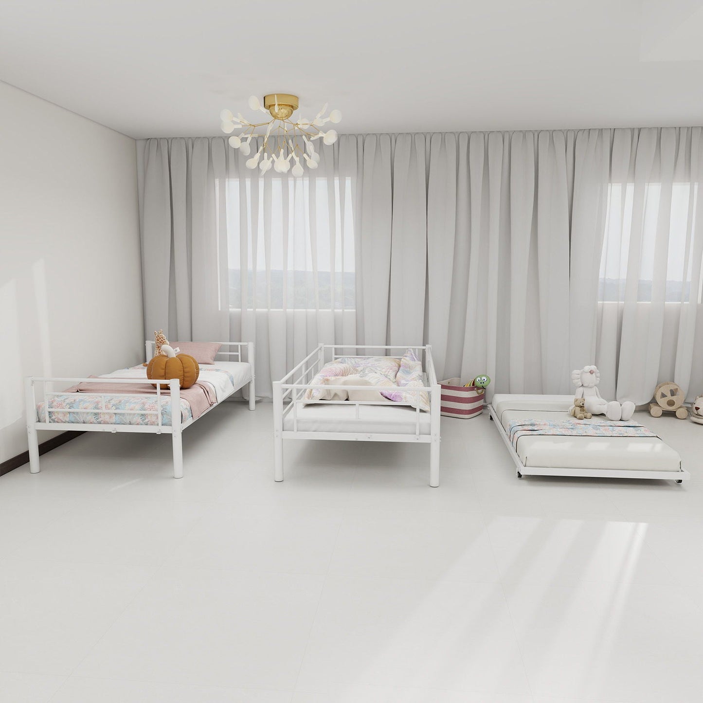 HouseOfZazla white bunk bed frames with guardrails in a bright kids room; three white beds visible on Tampa Home & Garden Store