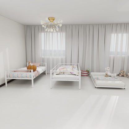 HouseOfZazla white bunk bed frames with guardrails in a bright kids room; three white beds visible on Tampa Home & Garden Store