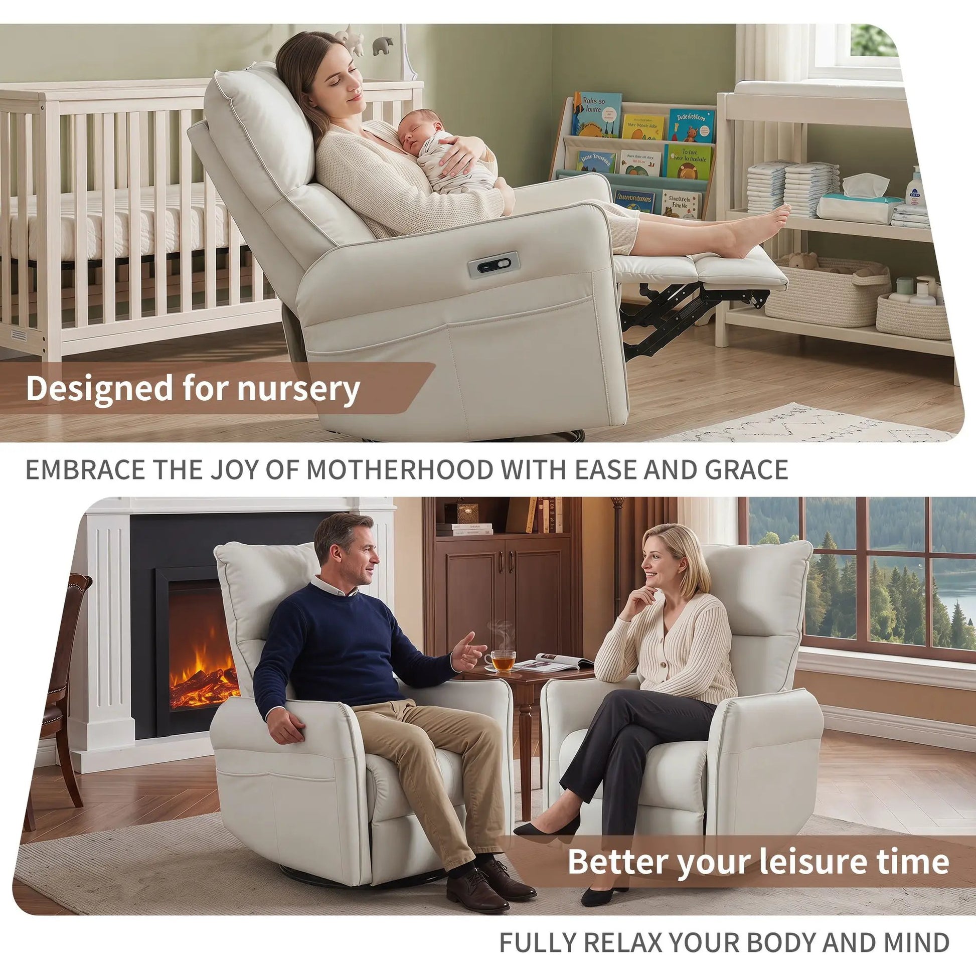 Swivel Rocker Recliner Chair power with USB ports cream faux-leather on Tampa Home & Garden Store