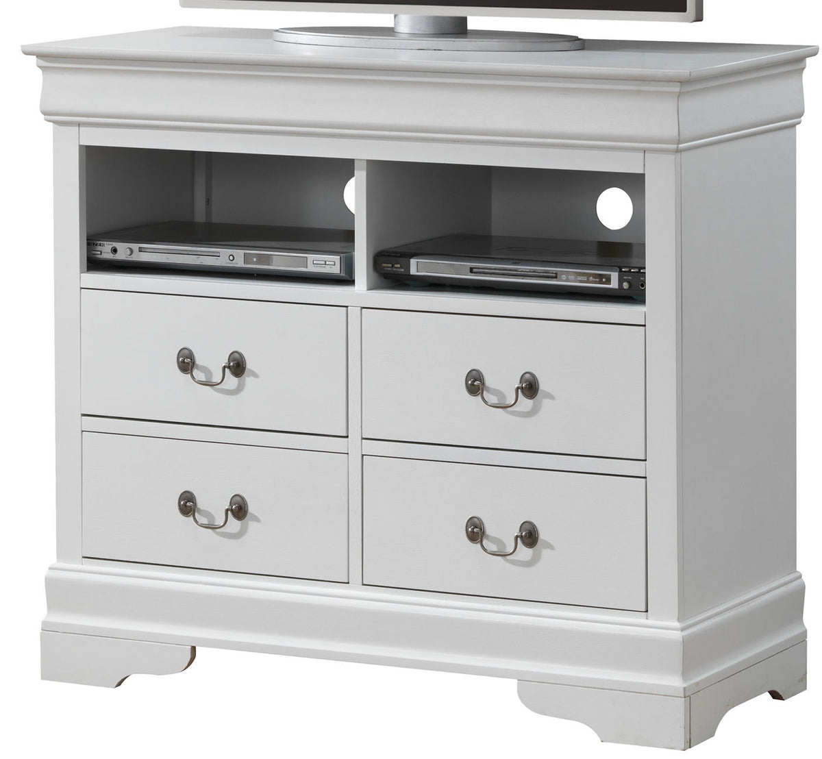 Media storage chest by HouseOfZazla in white finish with two open cubbies and four drawers on Tampa Home & Garden Store