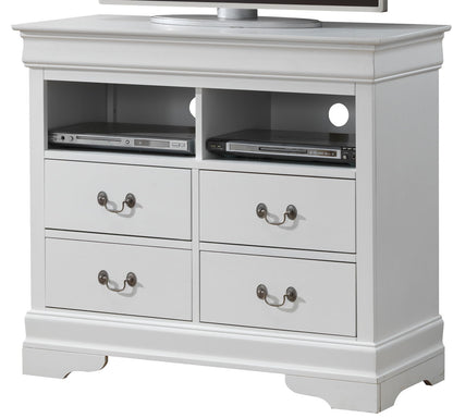 Media storage chest by HouseOfZazla in white finish with two open cubbies and four drawers on Tampa Home & Garden Store