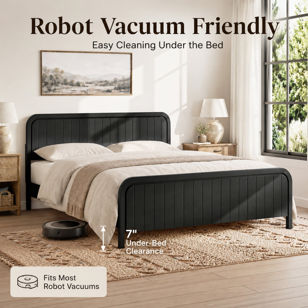 King bed frame with headboard in black metal by HouseOfZazla, modern slatted design on Tampa Home & Garden Store