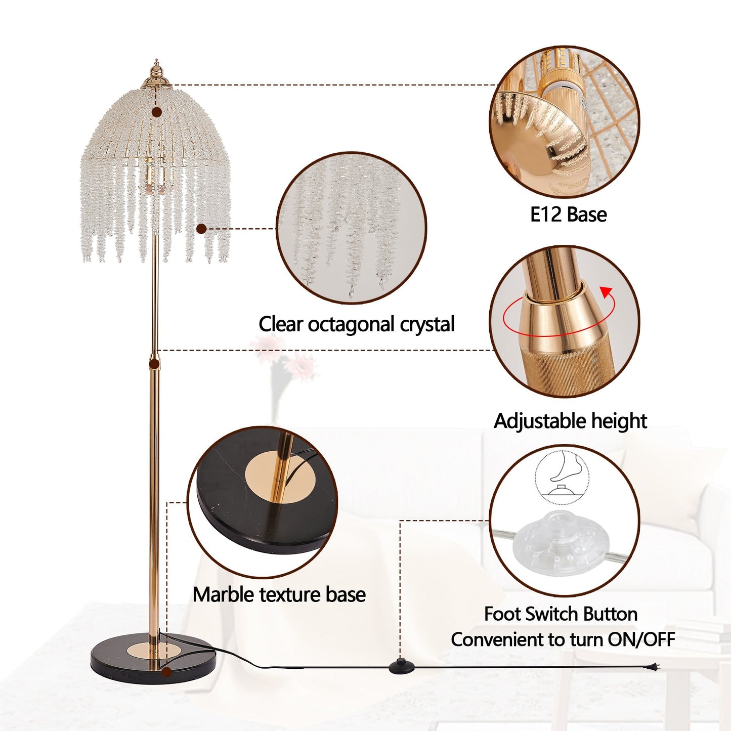 HouseOfZazla 3-light crystal floor lamp with clear octagonal crystals, vintage waterfall design on Tampa Home & Garden Store