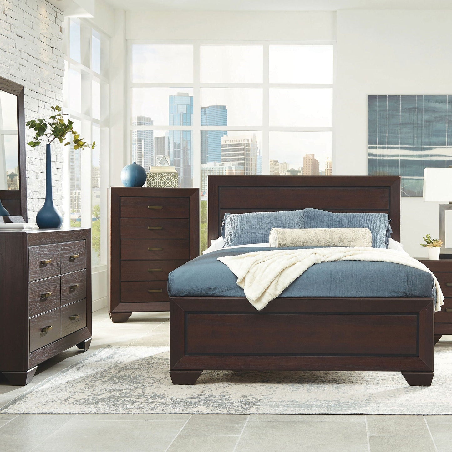 Harrison Queen Panel Bed dark brown by HouseOfZazla with two matching dark wood dressers on Tampa Home & Garden Store