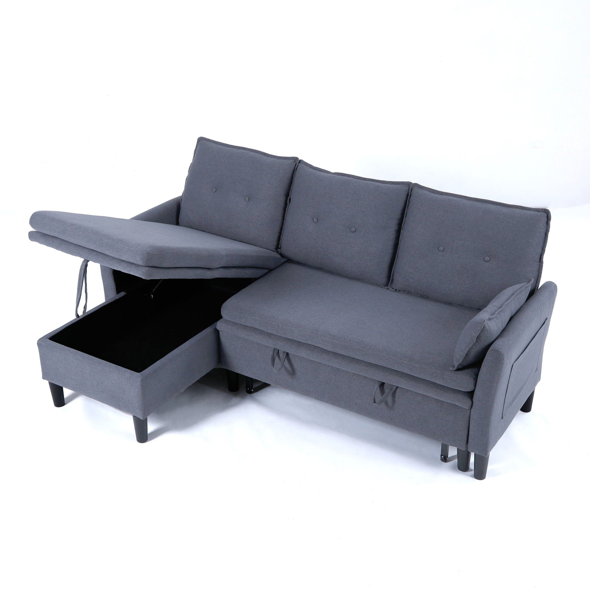 L-shaped reversible chaise sleeper sofa with storage in gray fabric, storage drawer on Tampa Home & Garden Store