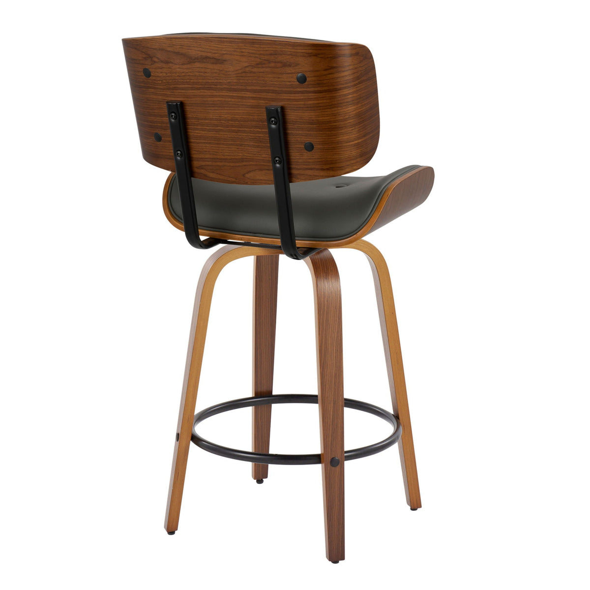 Mid-Century Modern counter stool pair with swivel and footrest, wood back, gray seat on Tampa Home & Garden Store