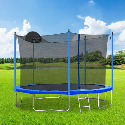 12ft Trampoline with Basketball Hoop and Blue Net
