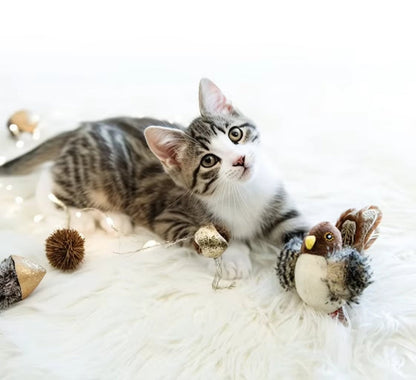 2-item interactive cat toy set: gray tabby kitten and plush chirping bird with feather accents on Tampa Home & Garden Store