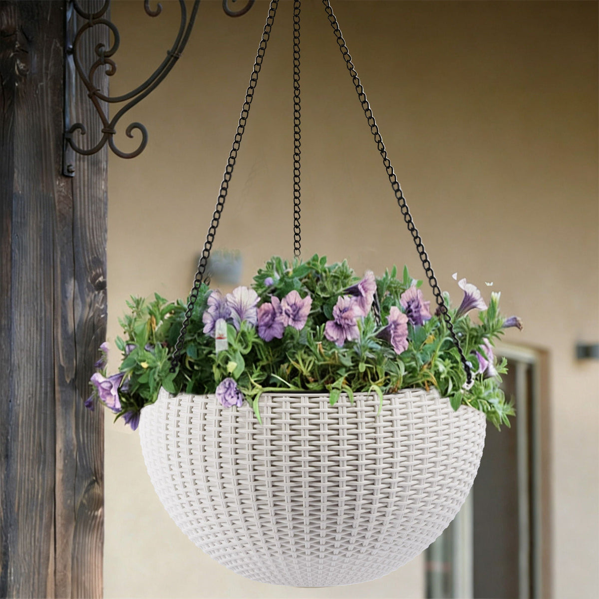 Self Watering Hanging Planter by HouseOfZazla, white woven basket with black chains on Tampa Home & Garden Store