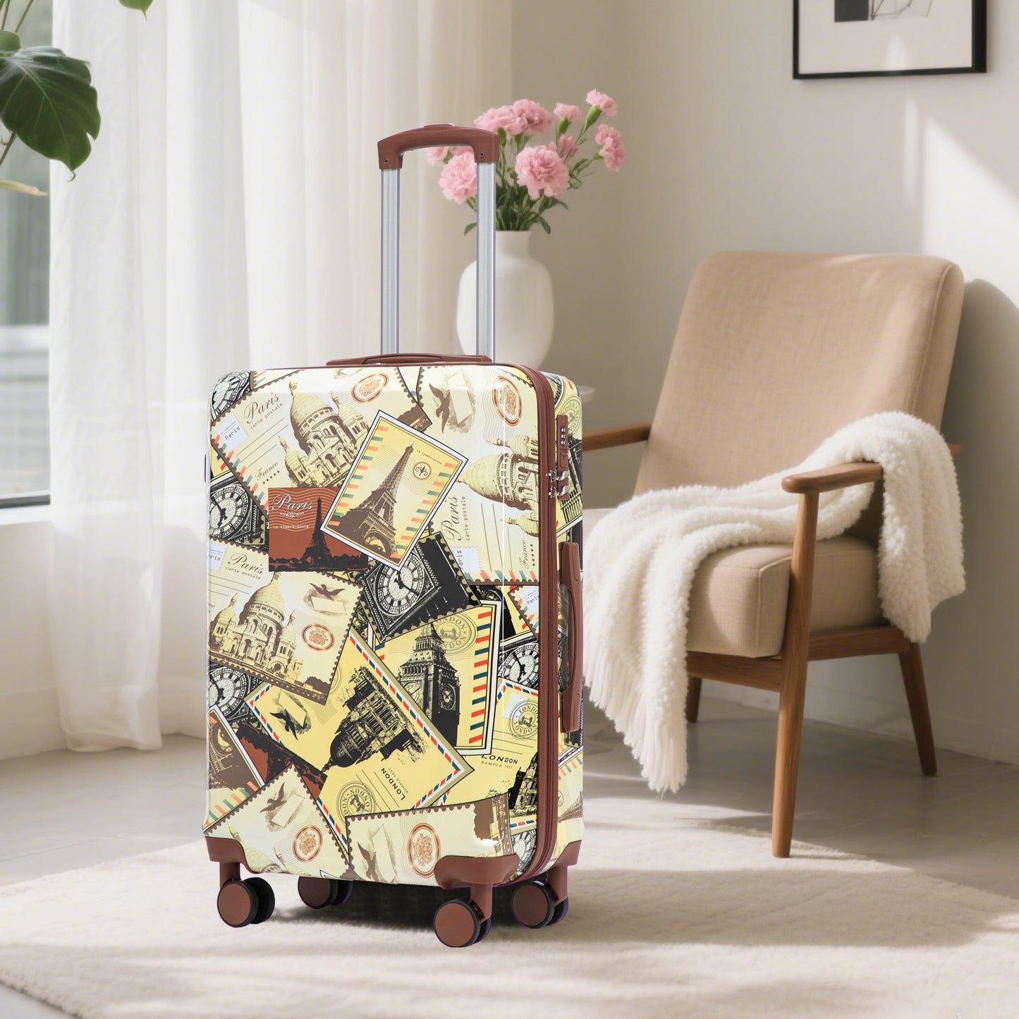 3-Piece spinner luggage set with printed travel pattern, Paris stamps design, brown trim on Tampa Home & Garden Store