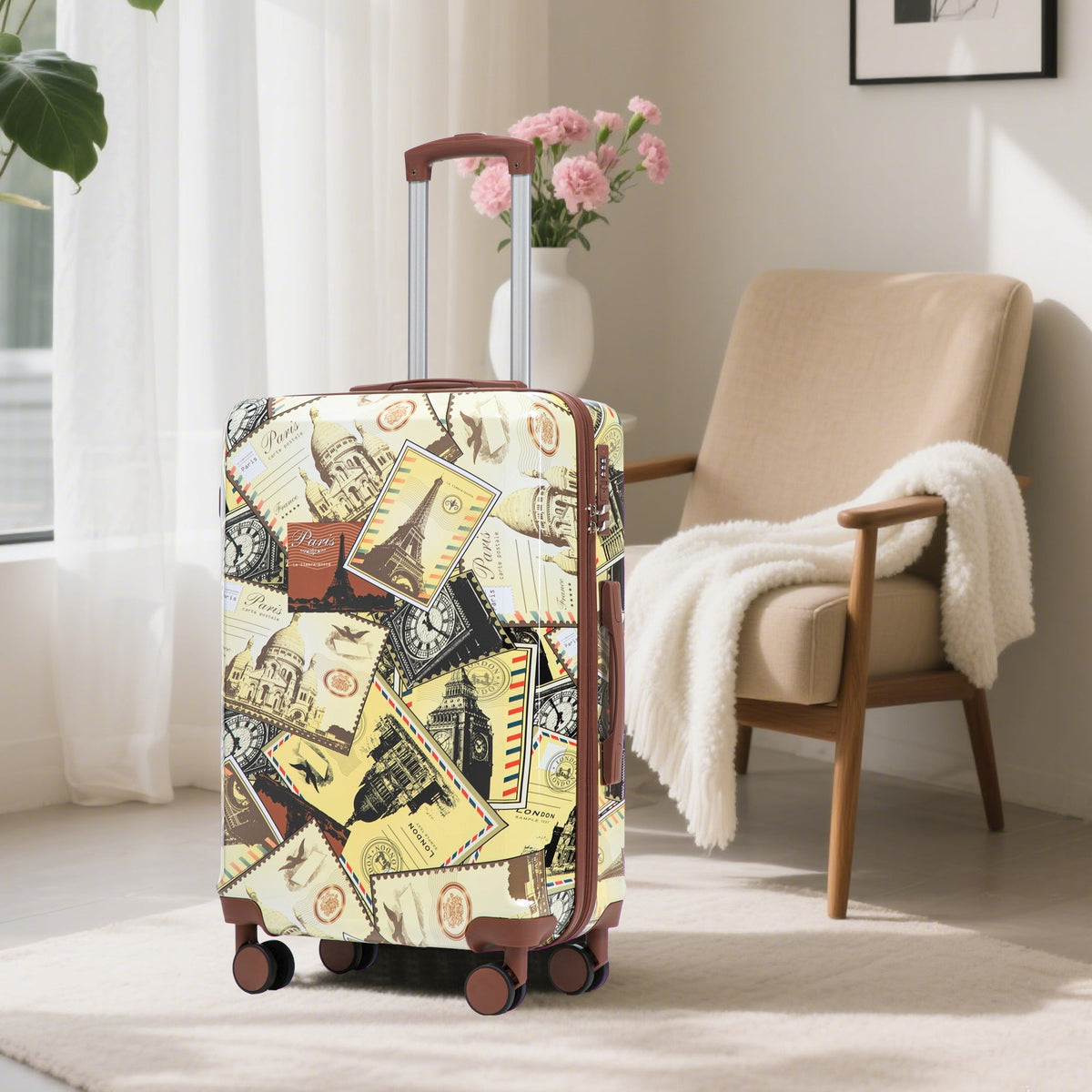 3-Piece spinner luggage set with printed travel pattern, Paris stamps design, brown trim on Tampa Home & Garden Store