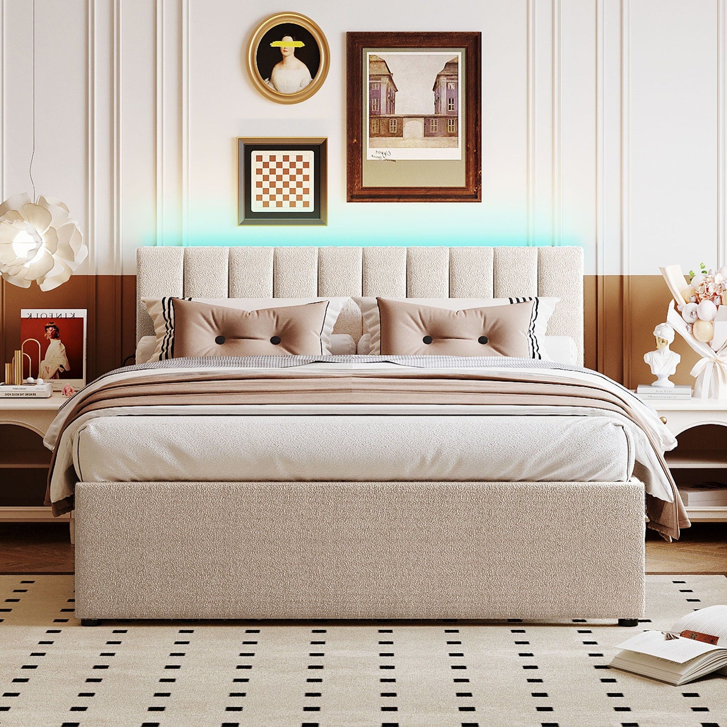 Upholstered Platform Bed With Trundle beige tufted fabric built-in trundle low-profile frame on Tampa Home & Garden Store