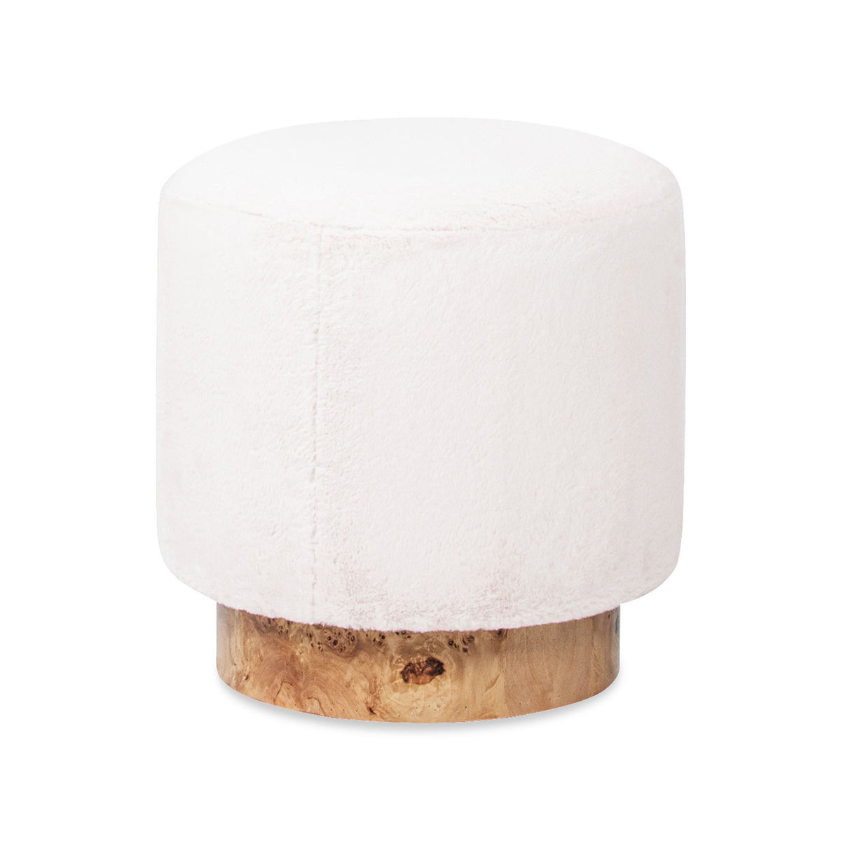 Round fur upholstered pouf ottoman in white with burl base by HouseOfZazla on Tampa Home & Garden Store
