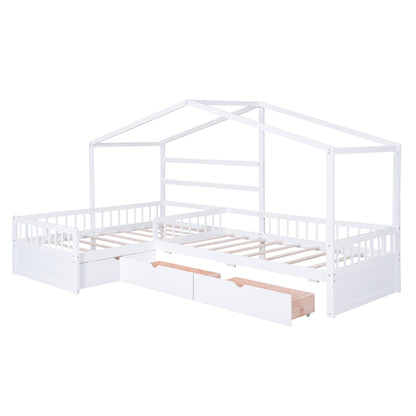 White L‑shape platform bed with 3 under-bed storage drawers, HouseOfZazla metal frame on Tampa Home & Garden Store
