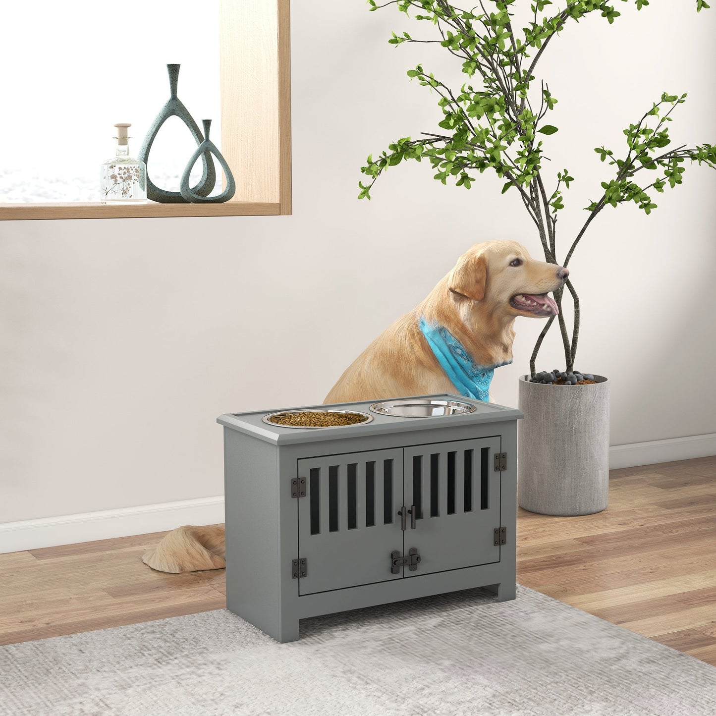 PawHut elevated dog bowls with storage cabinet in gray, two bowls on top surface on Tampa Home & Garden Store