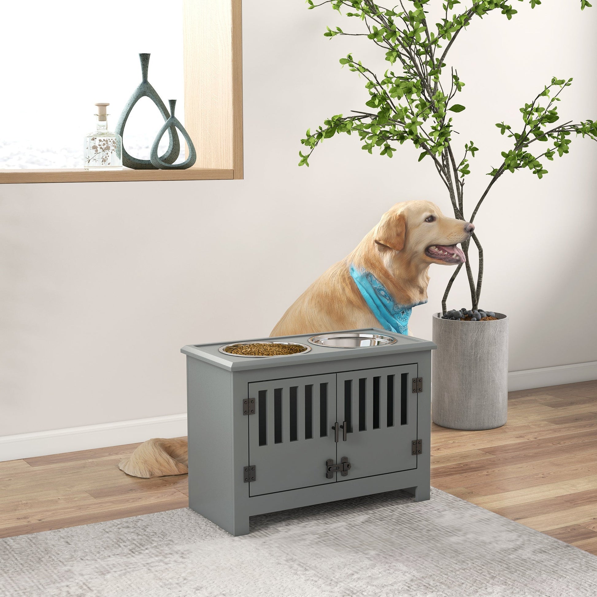 PawHut elevated dog bowls with storage cabinet in gray, two bowls on top surface on Tampa Home & Garden Store