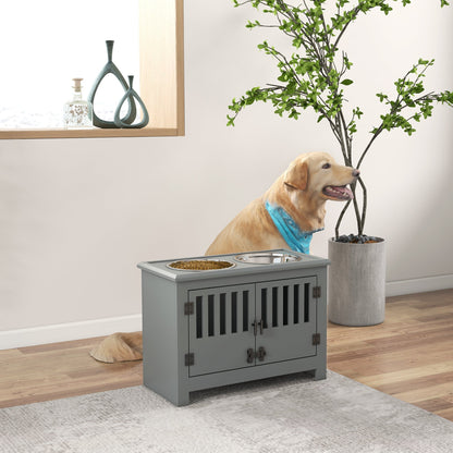 PawHut elevated dog bowls with storage cabinet in gray, two bowls on top surface on Tampa Home & Garden Store
