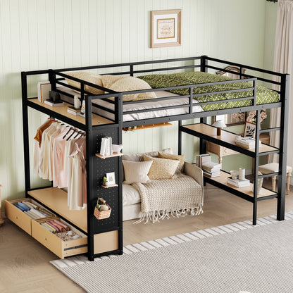 Queen Size Metal Loft Bed Frame and Wardrobe