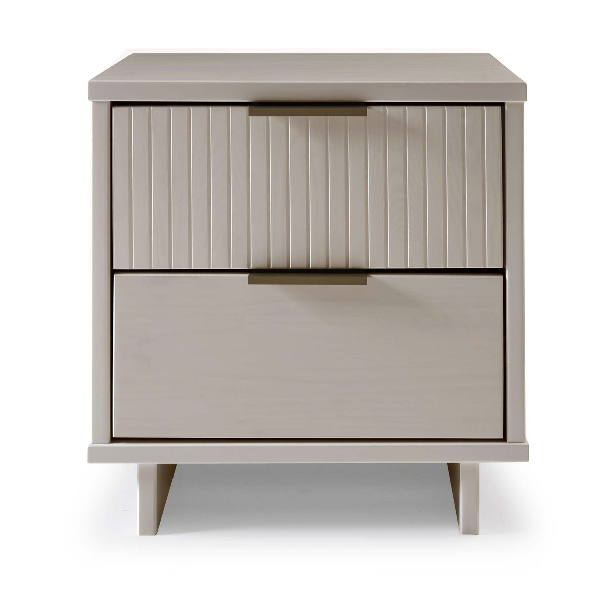 Granville nightstand with 2 drawers in light gray wood with grooved fronts and brass pulls on Tampa Home & Garden Store