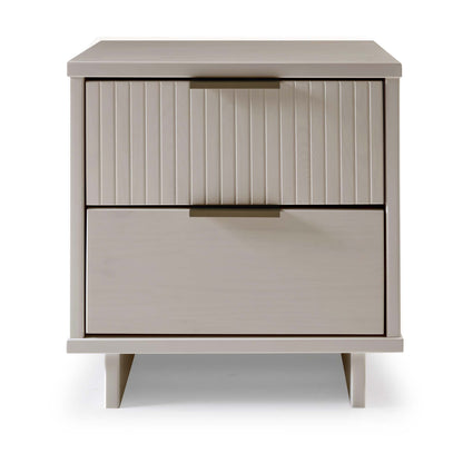 Granville nightstand with 2 drawers in light gray wood with grooved fronts and brass pulls on Tampa Home & Garden Store