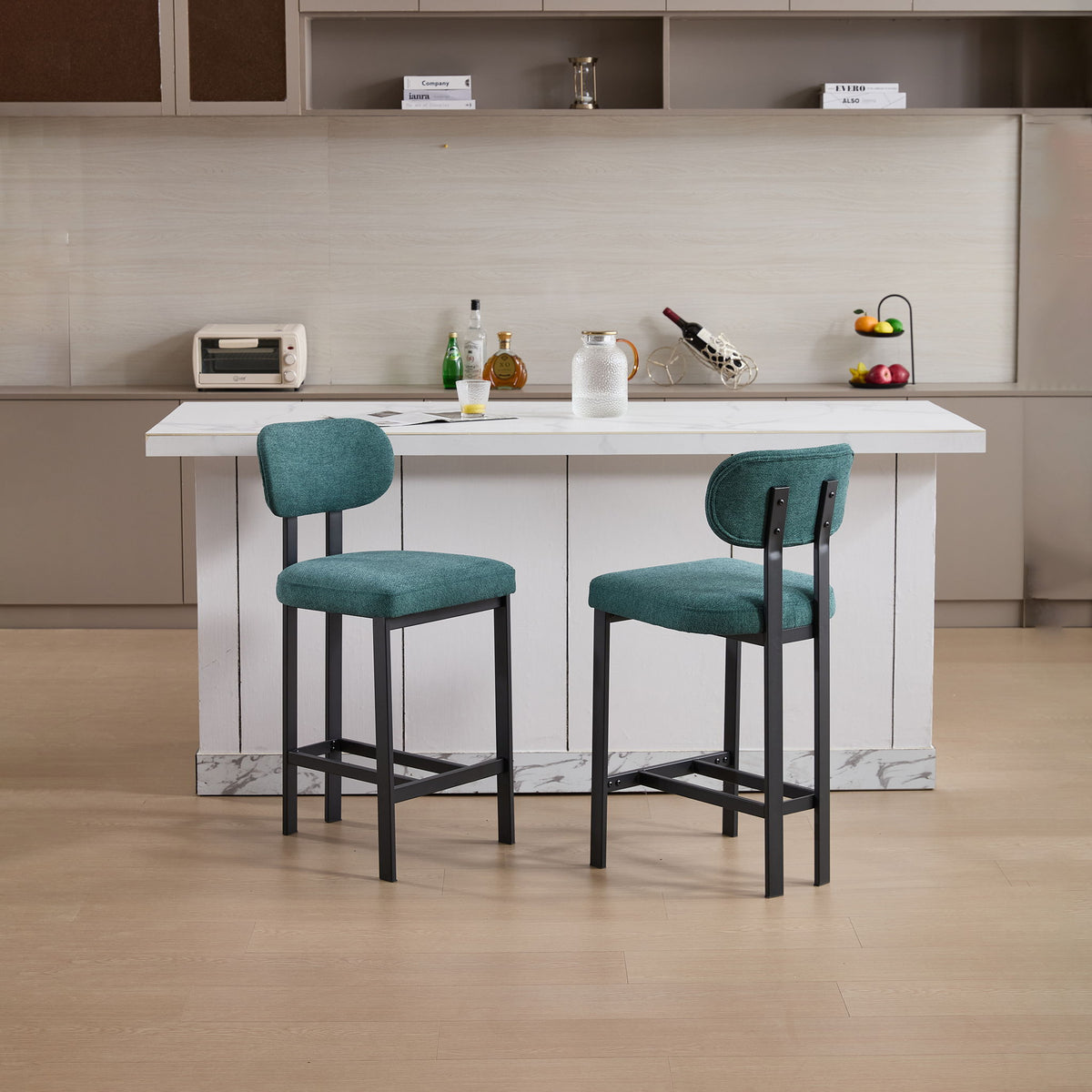 Counter-height stools set of 2 with teal fabric upholstery and black metal frames on Tampa Home & Garden Store
