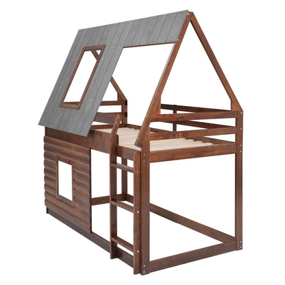 Wood twin-size bunk bed with roof, ladder and 2 windows in oak & smoky gray on Tampa Home & Garden Store