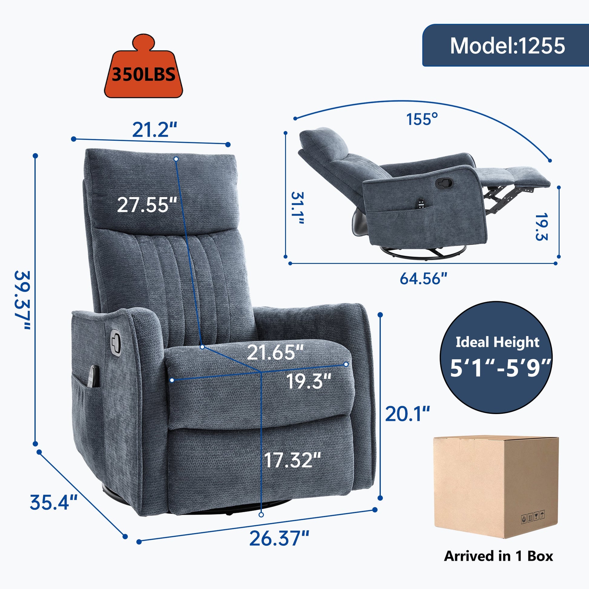 Blue Heat Massage Manual Recliner Chair with Rocker and Swivel by HouseOfZazla in blue fabric on Tampa Home & Garden Store