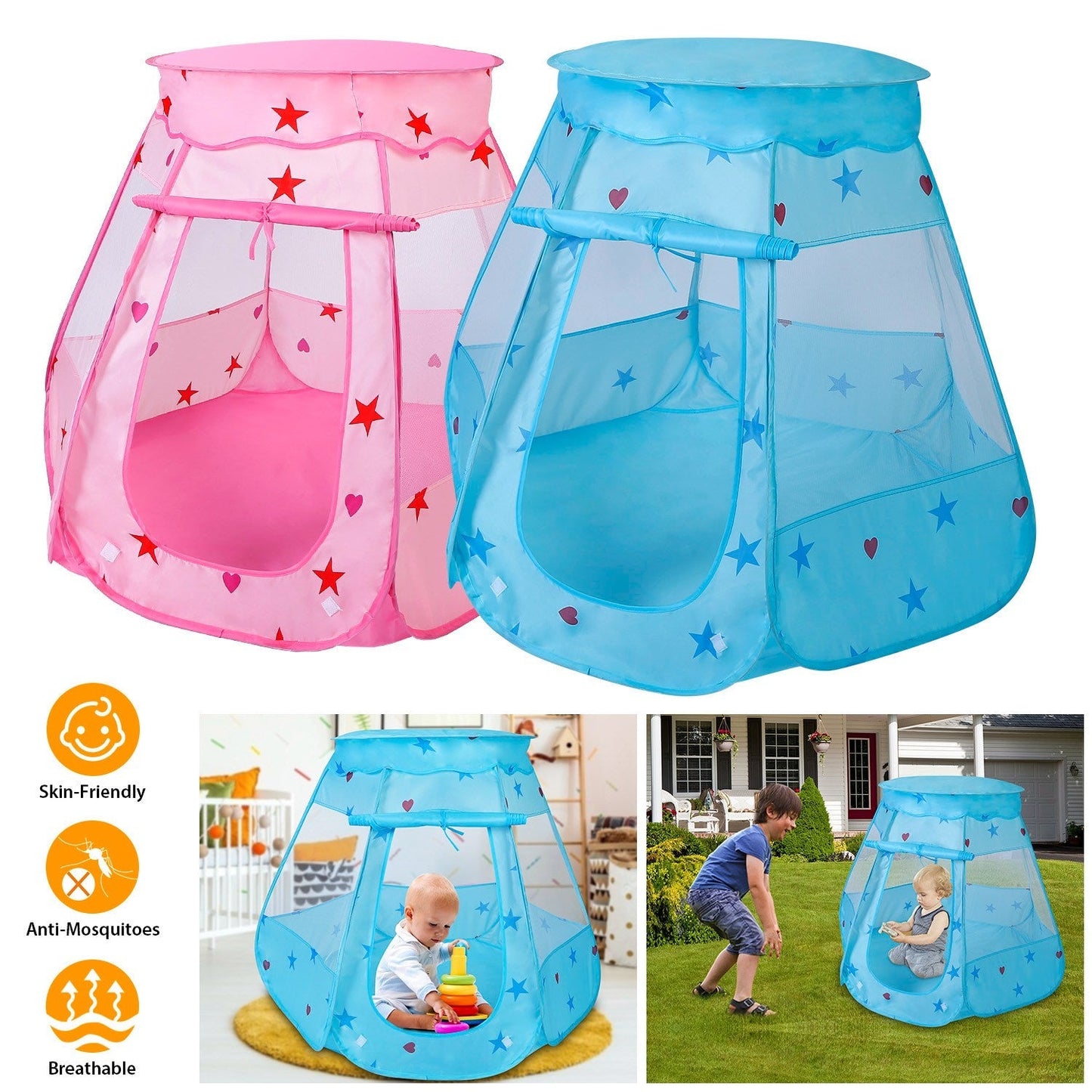 Kids pop-up princess castle play tent set in pink and blue with stars and hearts GemGear on Tampa Home & Garden Store