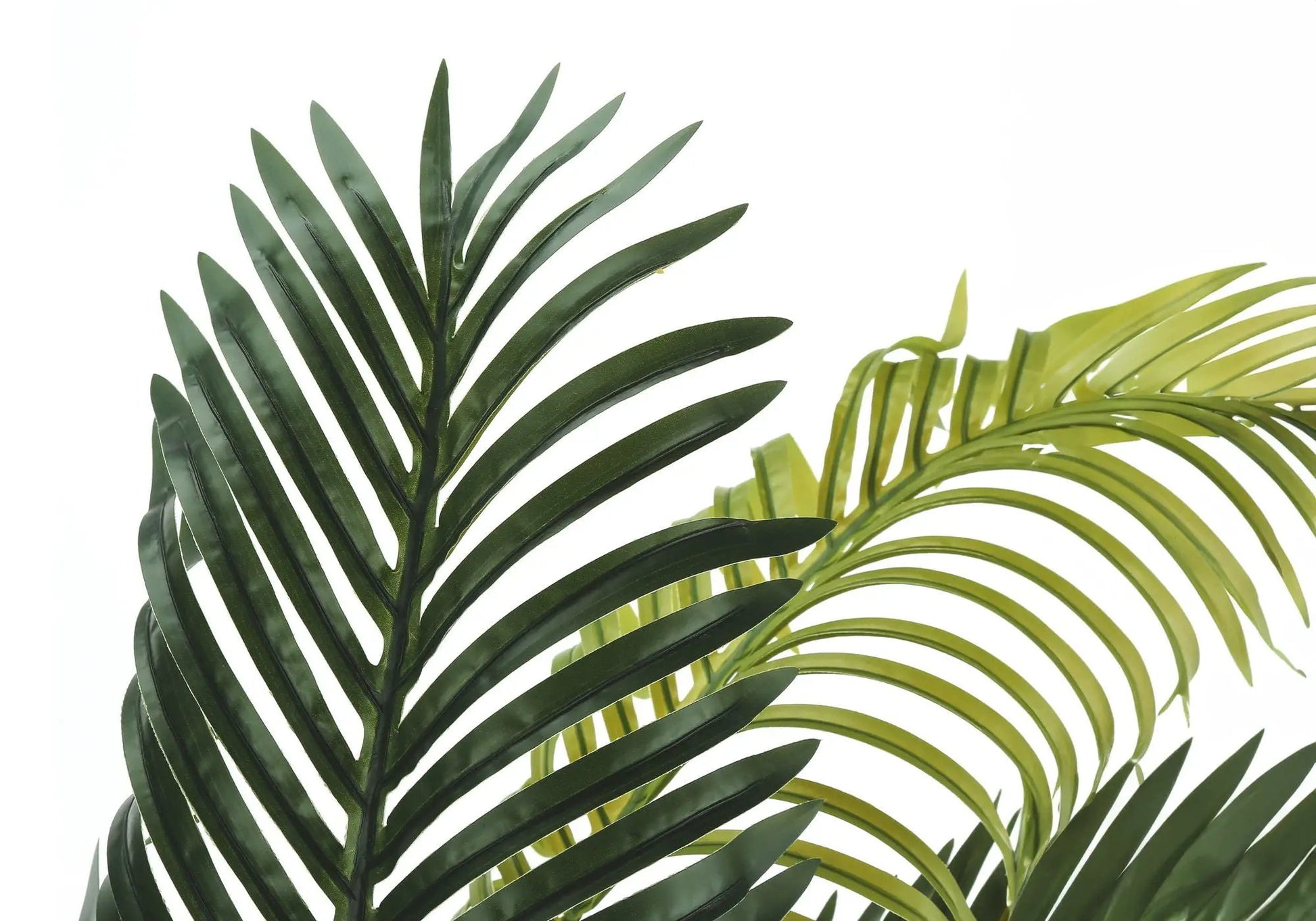Artificial palm plant fronds close-up in dark green and lime green leaves on Tampa Home & Garden Store