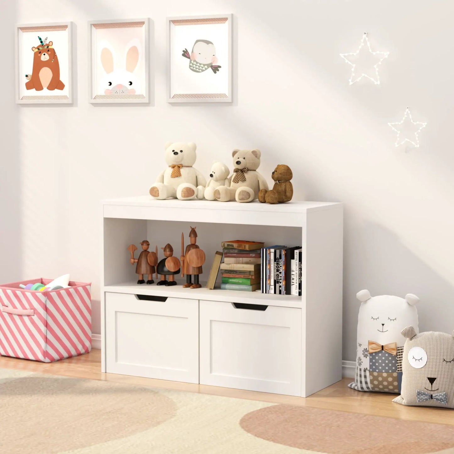 Book organizer with large drawers and open shelves white by Unique Piece Furniture with wheels on Tampa Home & Garden Store