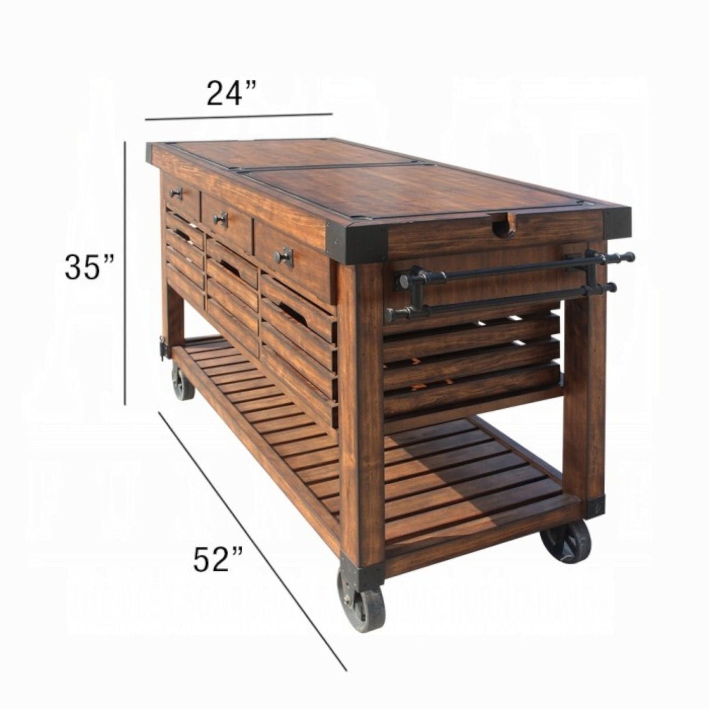 Kaif Distressed Chestnut Kitchen Cart, rustic wood with black metal hardware and wheels on Tampa Home & Garden Store
