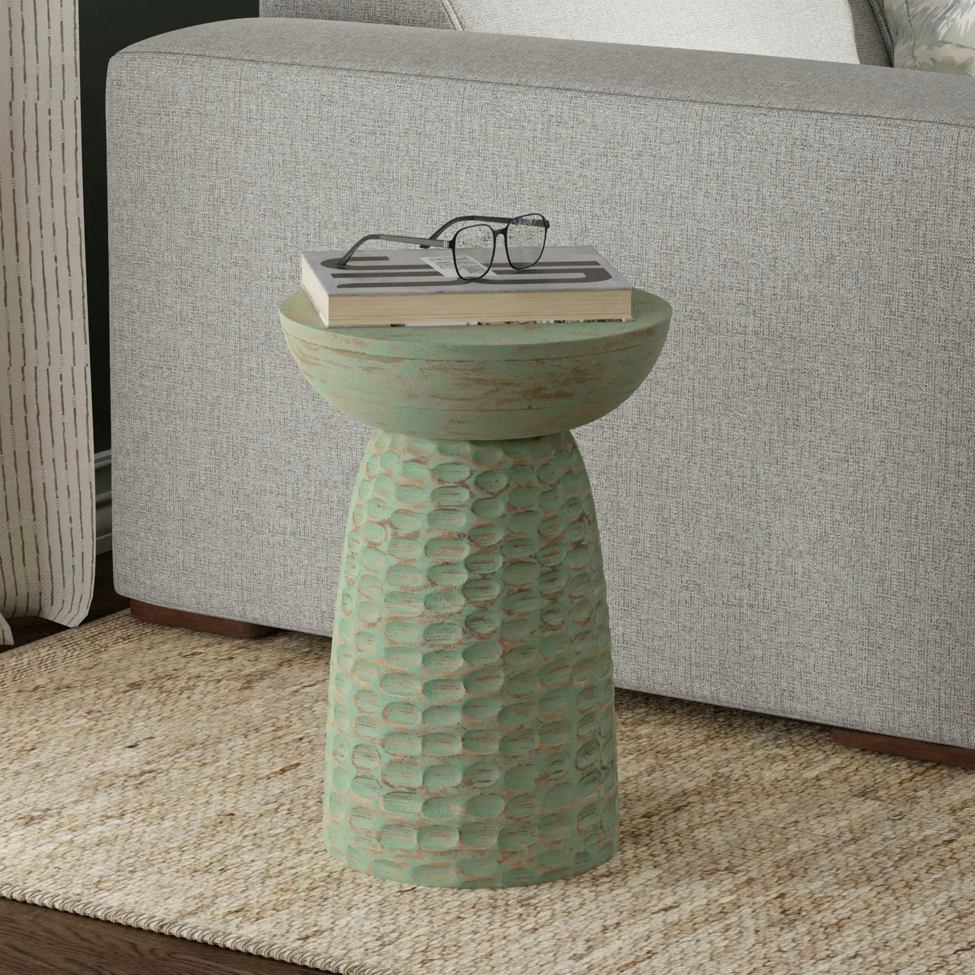 Boyd handcrafted accent table turquoise textured pedestal with 2 books and glasses on Tampa Home & Garden Store