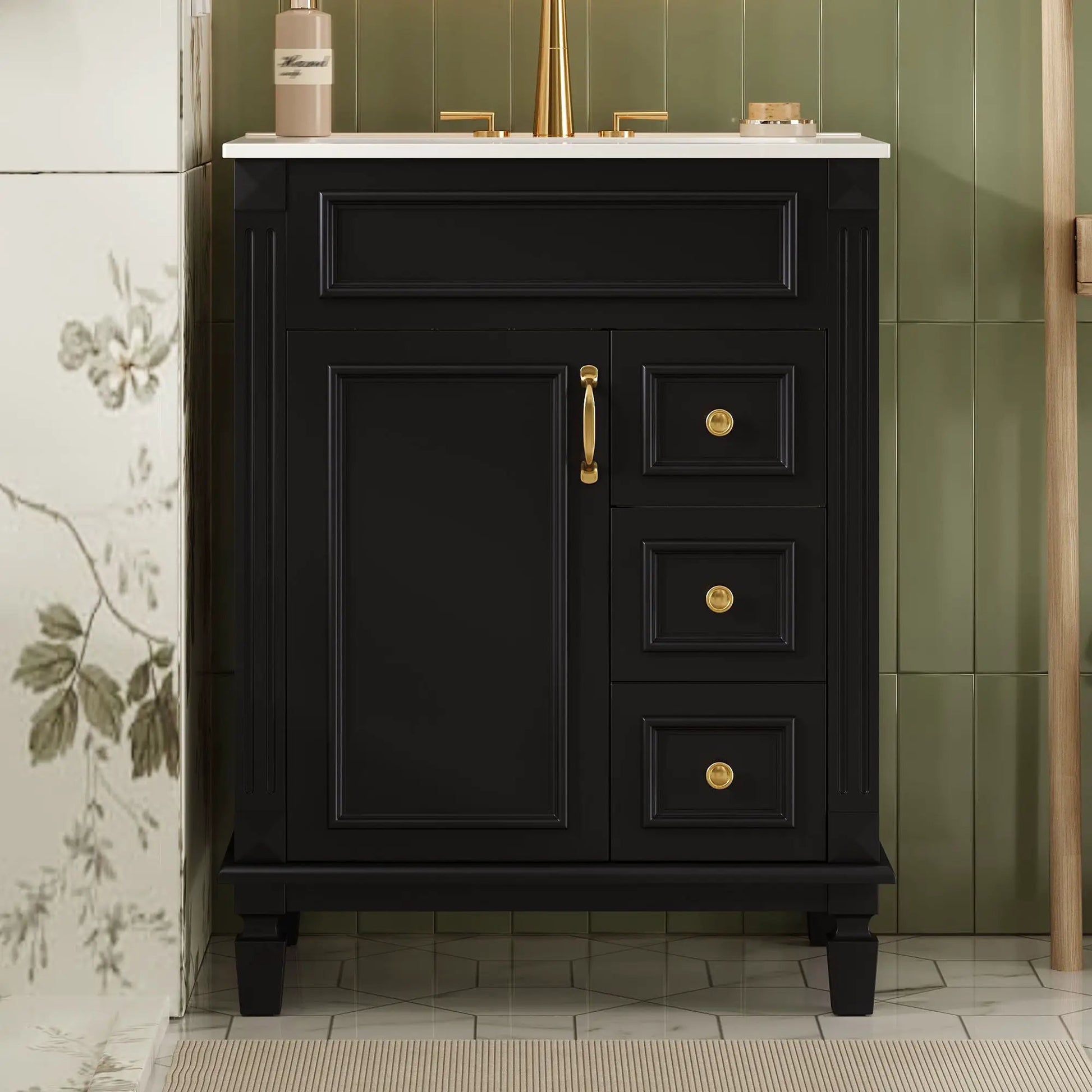 Bathroom vanity with sink, black cabinet, white countertop, brass hardware on Tampa Home & Garden Store