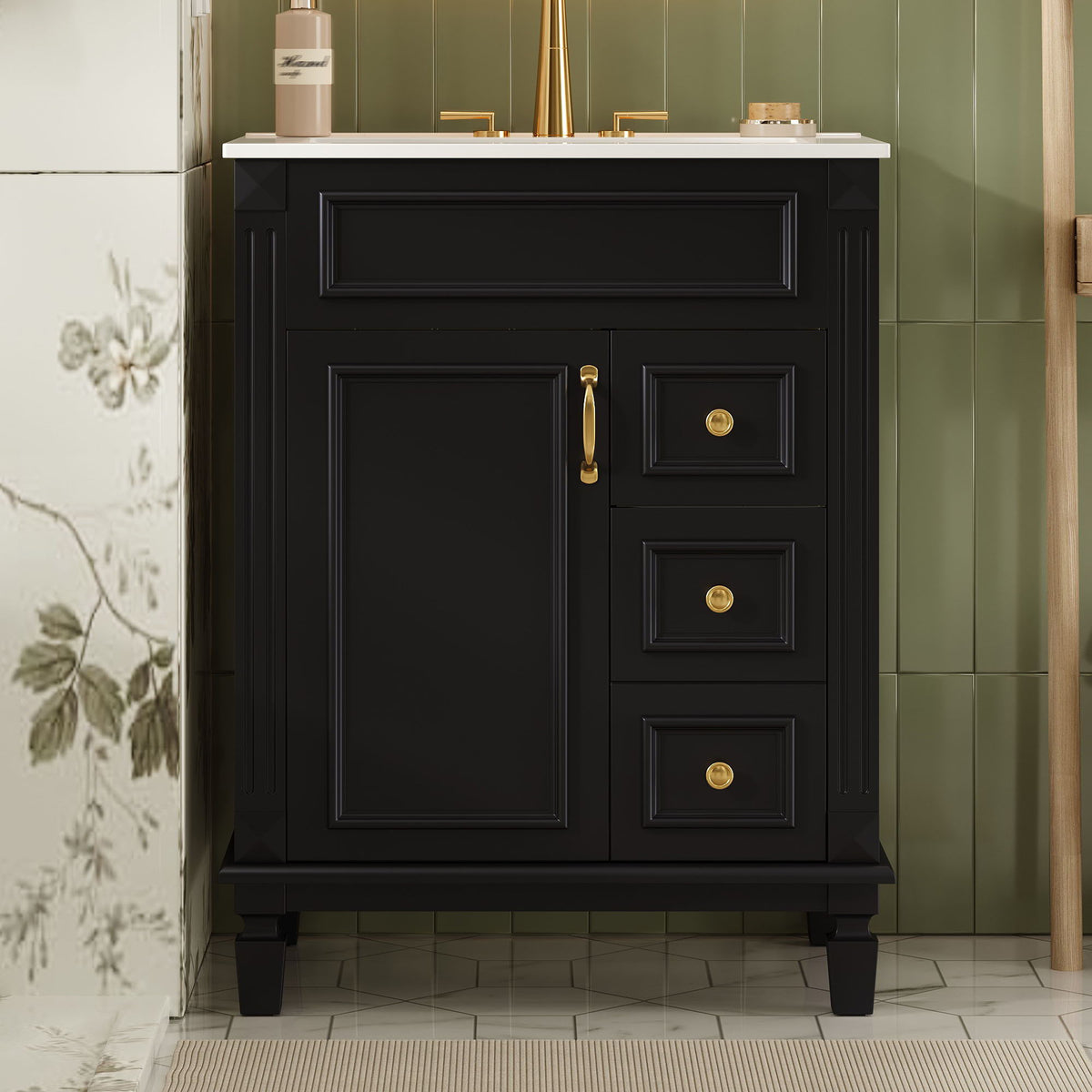 Compact black bathroom vanity with white countertop, gold hardware and storage drawers on Tampa Home & Garden Store