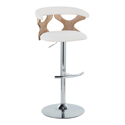 Contemporary adjustable barstool with swivel, white upholstered seat and rounded wood back on Tampa Home & Garden Store