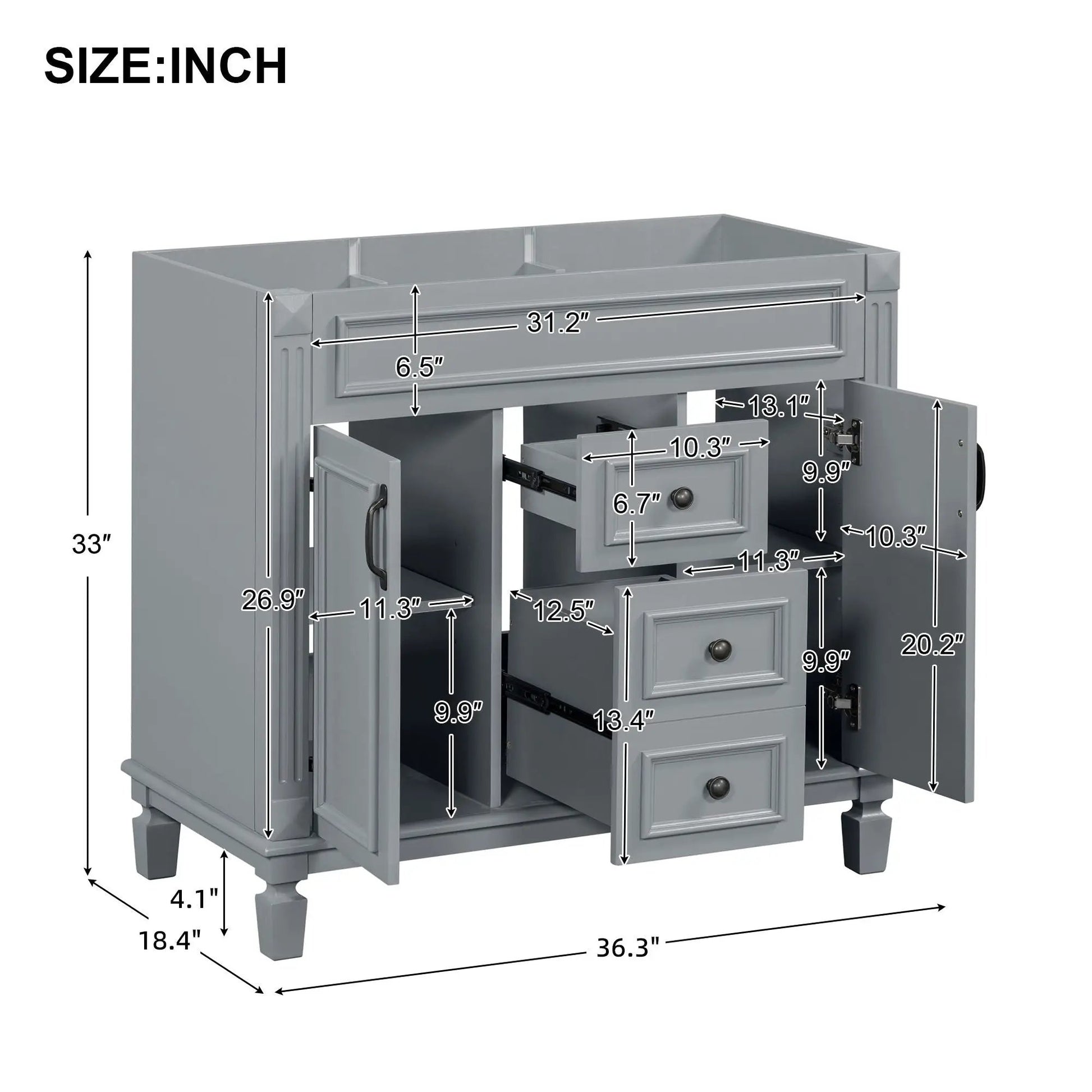 Gray bathroom vanity base with 2 soft closing doors and 2 drawers by Unique Piece Furniture on Tampa Home & Garden Store