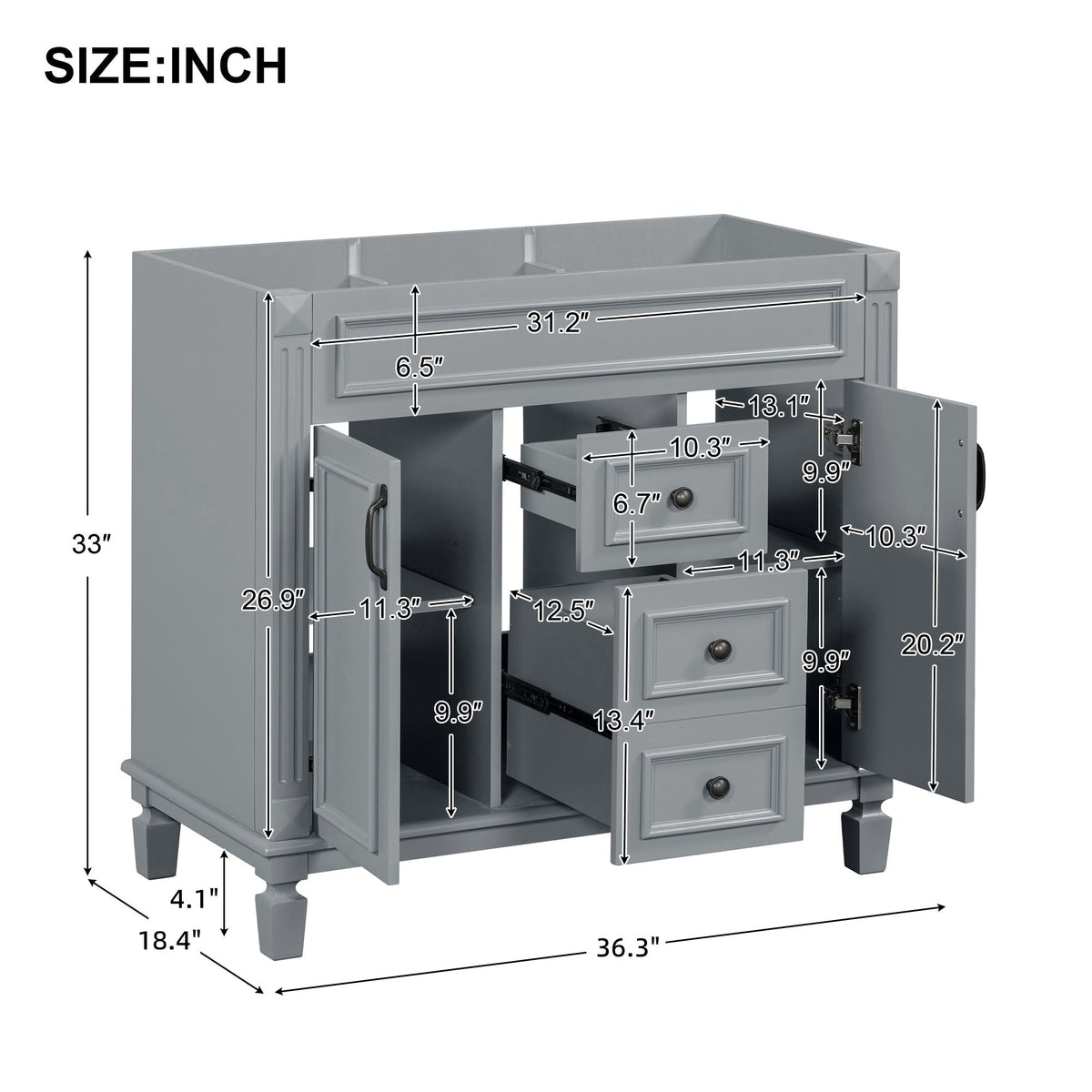 Gray bathroom vanity cabinet base with soft-close doors and multiple drawers on Tampa Home & Garden Store