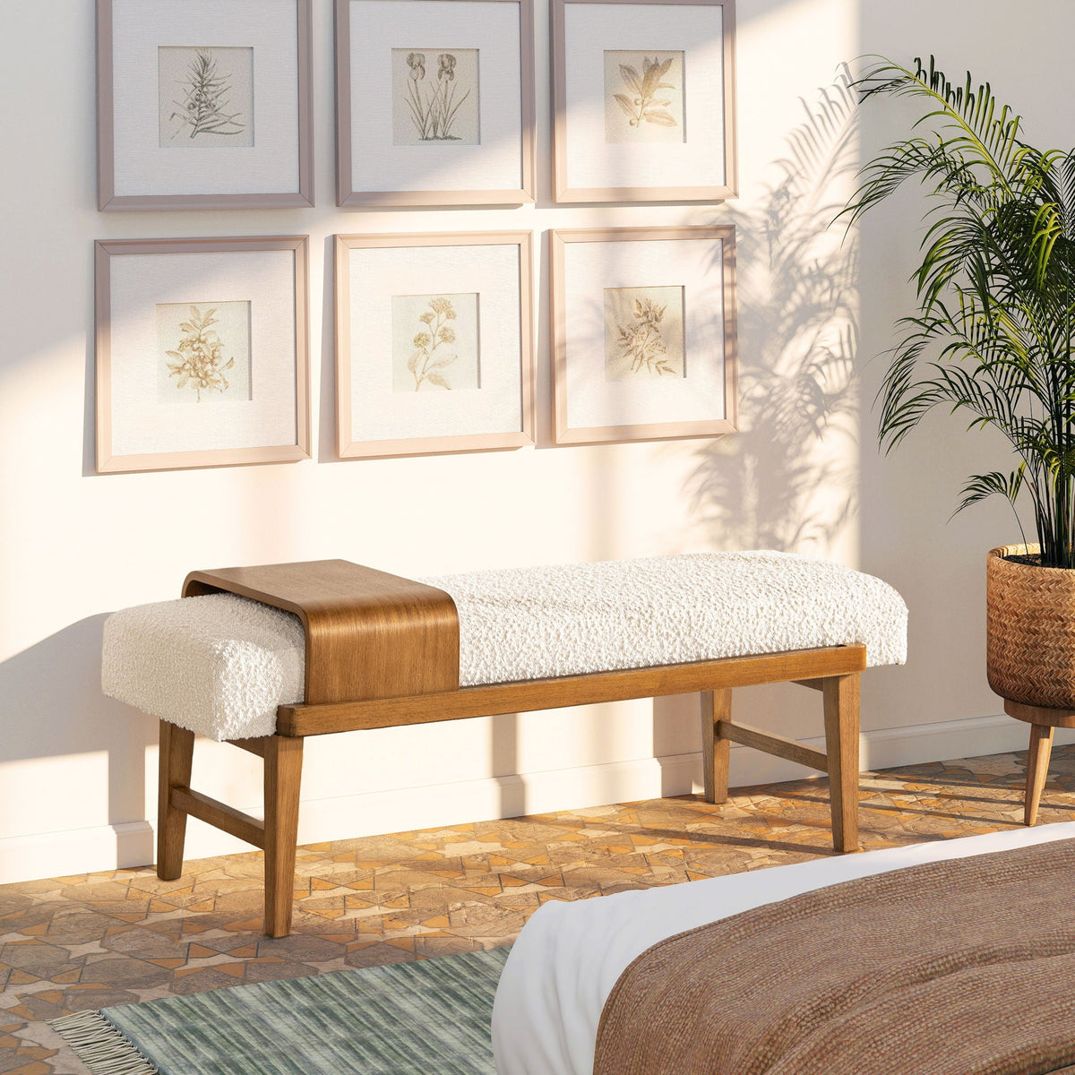 Modern Telephone Bench with Sliding Shelf in ivory white upholstery and wood base on Tampa Home & Garden Store