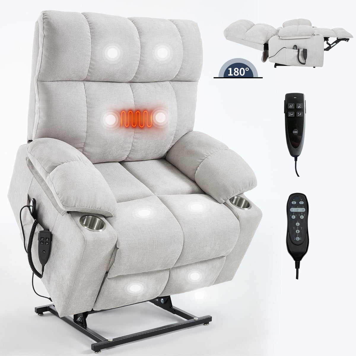 Beige HouseOfZazla dual-motor power lift recliner chair with remote 180° recline on Tampa Home & Garden Store