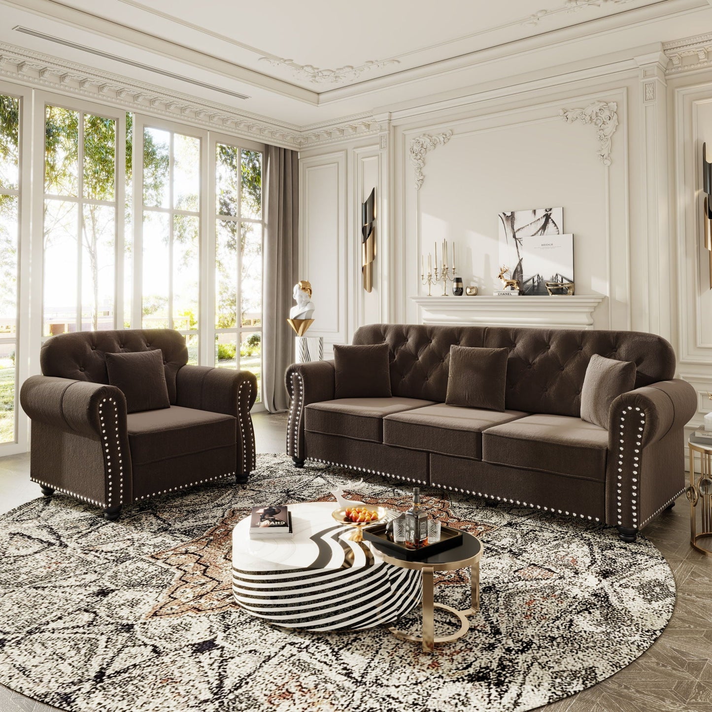 Upholstered Sofa Set with Nailhead and Pillows