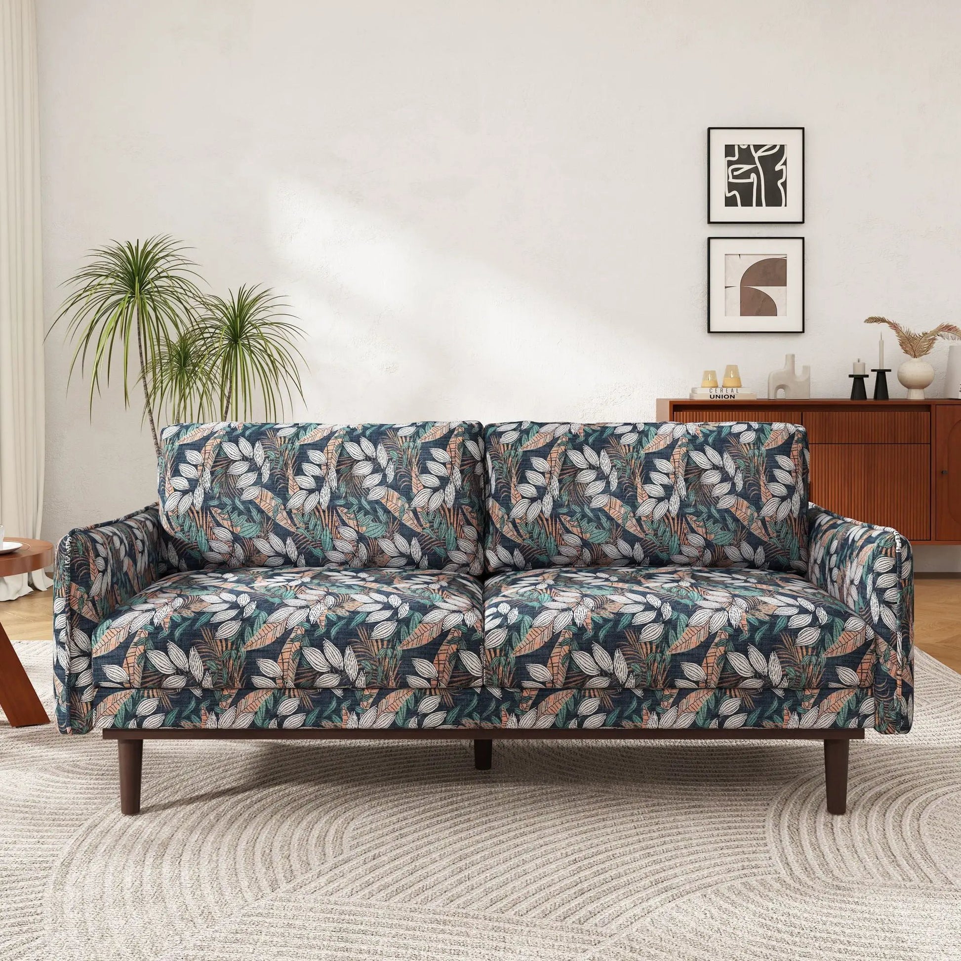 2 Seater Loveseat Sofa with teal leaf-patterned upholstery and solid wood legs on Tampa Home & Garden Store