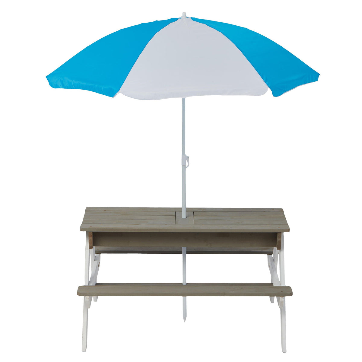Kids picnic table with sand and water conversion, cedar wood top on white frame, blue and white umbrella on Tampa Home & Garden Store